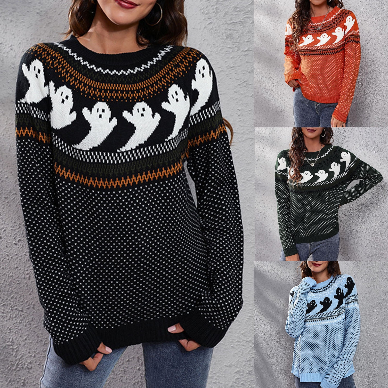 Brnmxoke Halloween Sweaters Women Vintage Ghost Graphic Sweater Long