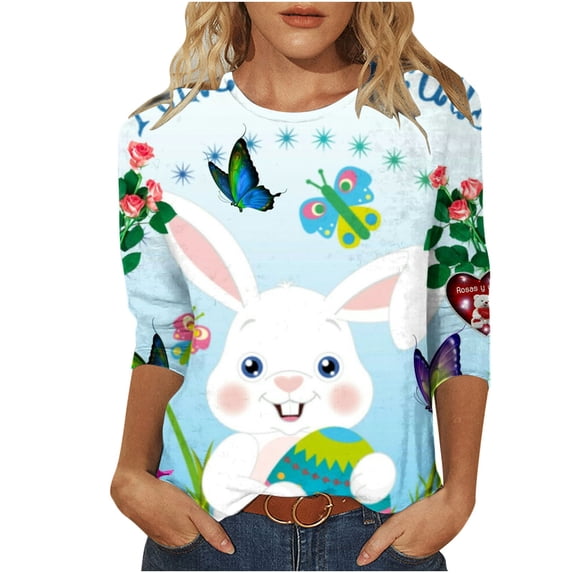 Brnmxoke Happy Easter Day Shirts for Women 2024 Easter Bunny and Easter Eggs 3/4 Length Sleeve T Shirt Cute Graphic Summer Tees Loose Comfy Tops