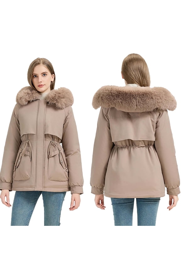 Heavy Puffer Jacket Womens Quilted Solid Mid-Length Parka Coats Winter Zipper Faux Fur Trim Hooded Thicken Long Sleeve Outerwear Jackets with Pockets Khaki,XL
