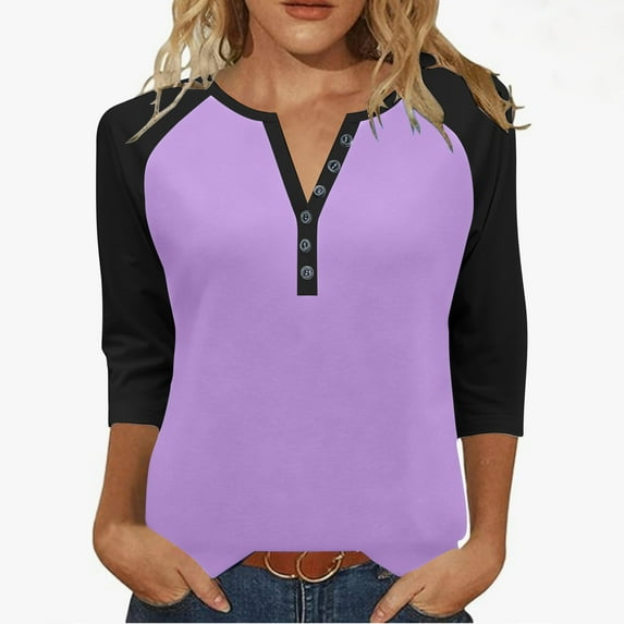 Brnmxoke Henley 3/4 Sleeve Shirts for Women Baseball Jersey Tops Button V Neck Color Block Raglan Tees Tshirt 2025 Purple XXL
