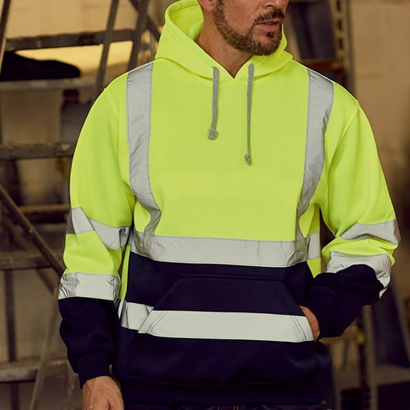 Brnmxoke High Visibility Sweatshirt for Men,Fleece Hooded Pullover,Hi-Vis Safety Hoodie Pullover Sweatshirt,Reflective Safety Hoodies