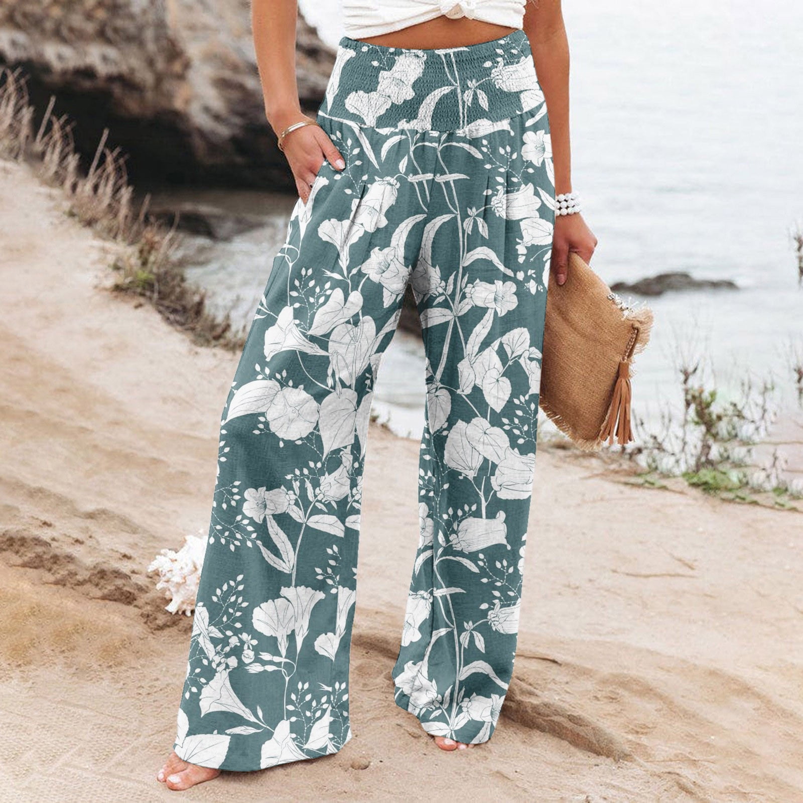 Sundazz Wide Leg Pants for Women Summer Smocked Waisted Palazzo Pants Baggy Flowy Trousers Vacation Outfits