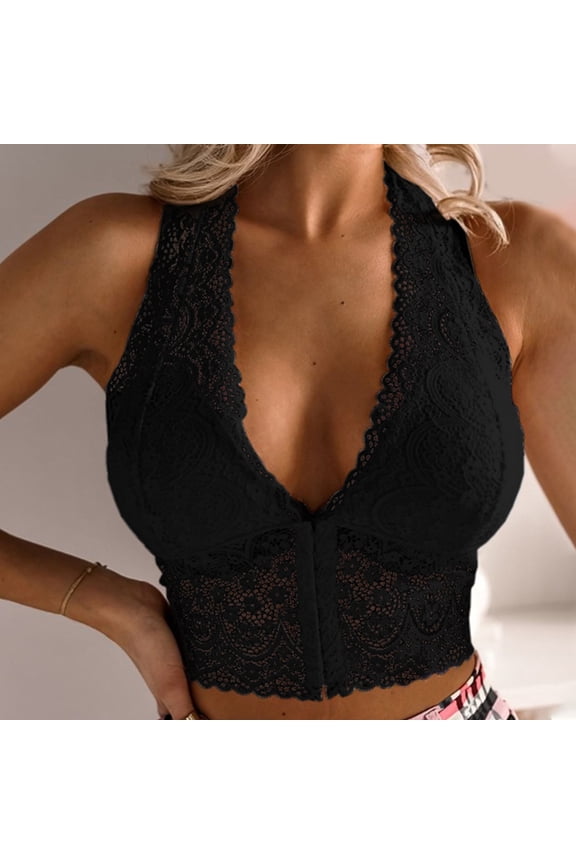 Lace Bralettes for Women Plus Size,Padded V Neck Going Out Lingerie Bras Camisole Racerback Crop Top Sheer Sexy Y2k Bustier Push Up Wireless Halter Bra