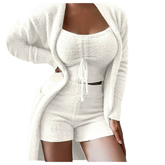 Brnmxoke Ladies 3 Piece Pajamas Sets Fuzzy Fleece Warm Crop Top Shorts Pj Loungewear Sets Winter Slouchy Thermal Cardigans Outfit White,XXL
