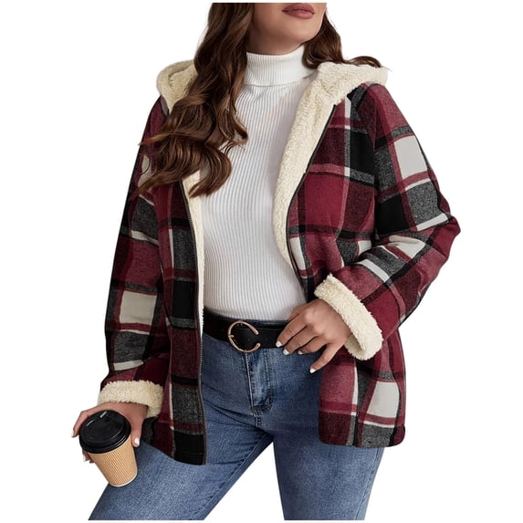 Brnmxoke Light Fleece Jacket Women Plaid Sherpa Lined Flannel Jackets Oversized Winter Warm Zip Up Hooded Coat Outerwear Hot Pink,L
