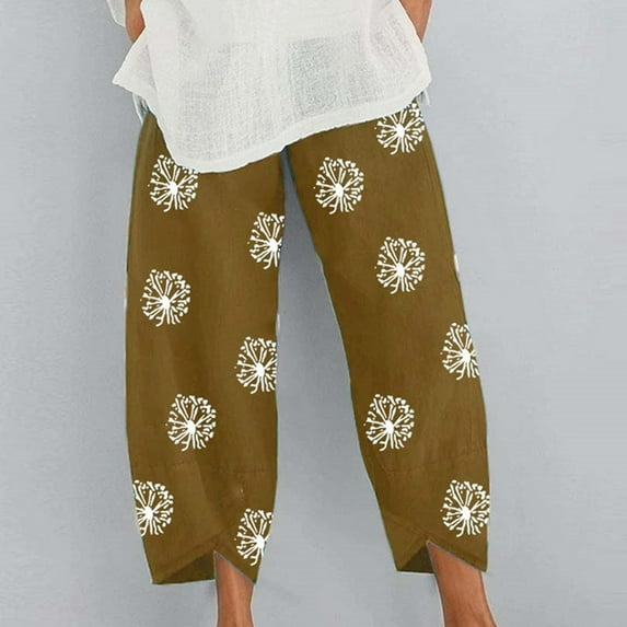 Brnmxoke Lightning Deals 2023,Womens Capri Dandelion Pants for Summer Beach,Elastic Waist Cropped Pants,Plus Size Capri Pants for Women Casual 2023 Drawstring Wide Leg Crop Trousers