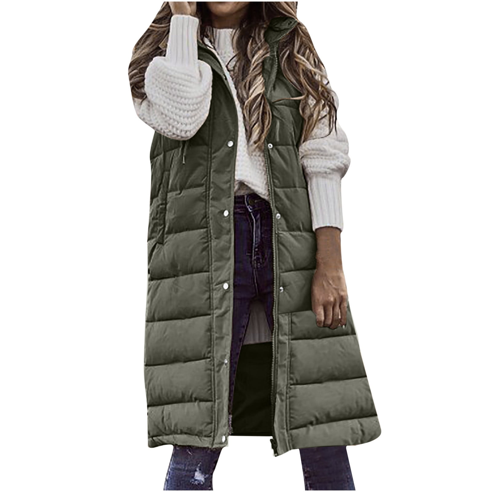 Brnmxoke Lightweight Puffer Vest Women Knee Length Sleeveless Hooded Zip Up Vests Trendy Quilted Outerwear Winter Warm Down Jackets Army Green,L