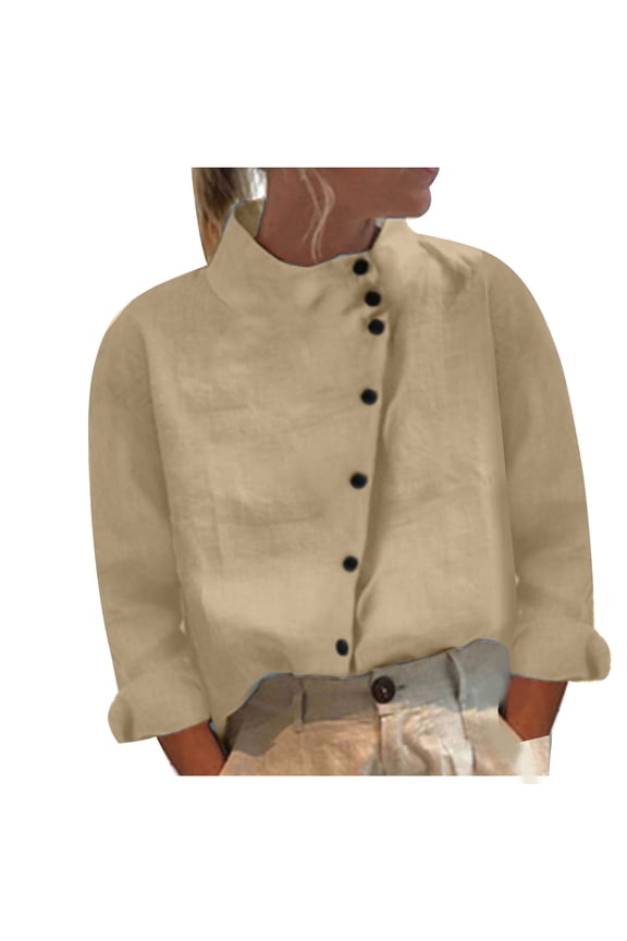 Linen Cotton Womens Long Sleeve Shirts High Neck Collared Button Down Blouse Tops S-2XL
