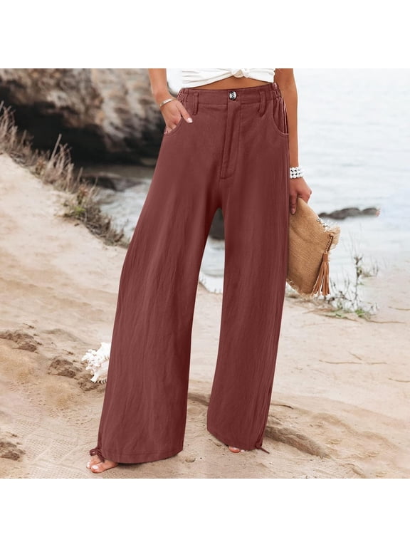 Linen Pants for Women 2024 Summer High Waisted Wide Leg Pants Solid Color Casual Elastic Waist Palazzo Pants Beach Pants with Pockets