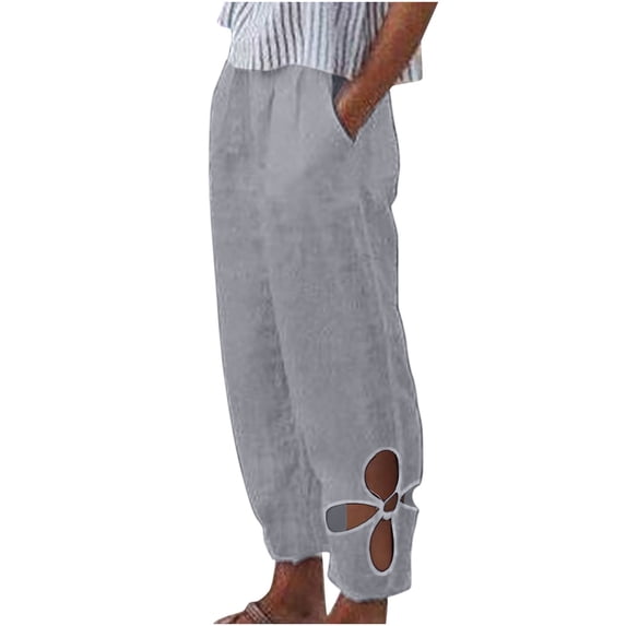 Brnmxoke Linen Pants for Women 2025 Casual Summer Drawstring Capri Pants Basic Solid Color Beach Vacation Clothes with Pockets Gray,M