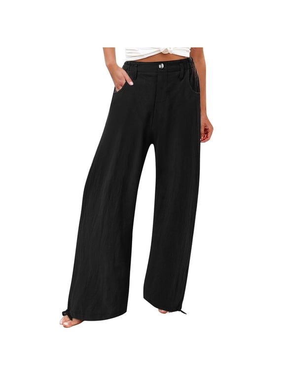 Linen Pants for Women Wide Leg Palazzo High Waisted Casual Flowy Summer Trousers Beach Comfortable Womens Pants 2025 Black,L
