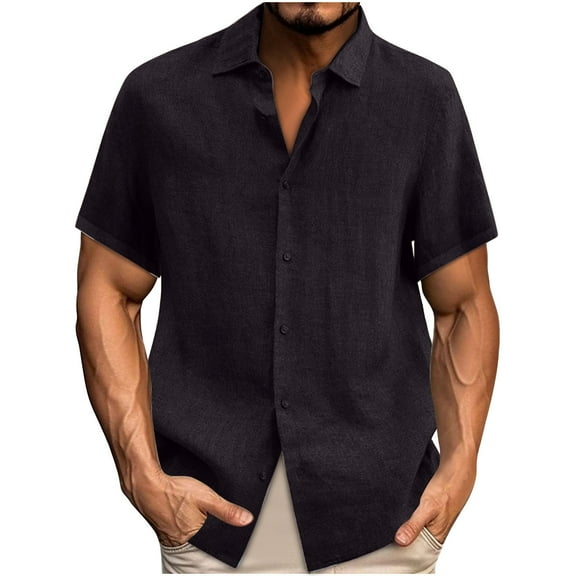 Brnmxoke Linen Shirts for Men Casual Button Down Lightweight Short Sleeve Shirt Solid Summer Beach Hawaiian Shirts Big and Tall Black,XXXXL