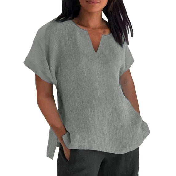 Brnmxoke Linen Shirts for Women Short Sleeve V Neck Oversized T Shirts Loose Casual Blouses Lightweight Trendy Summer Tops Gray,XXXL
