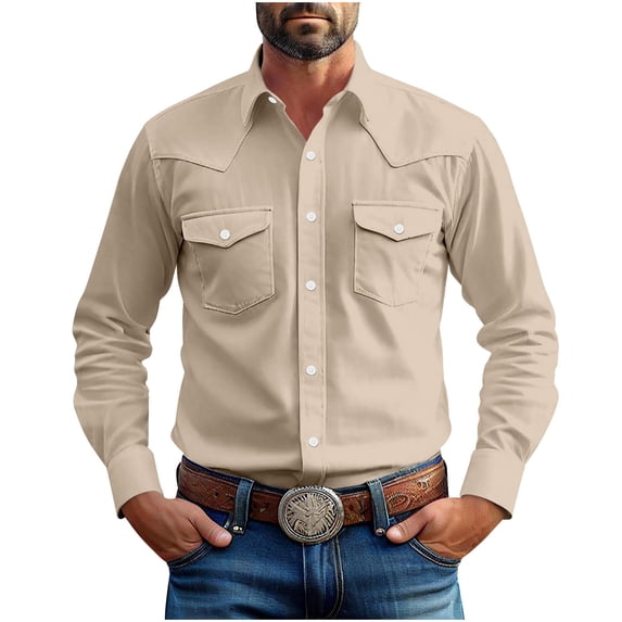 Brnmxoke Linen Tshirts Shirts for Men Soft Casual Collared Western Cowboy Shirt Vintage Long Sleeve Button Down Cargo Pockets Work T-Shirt Khaki,XXXL