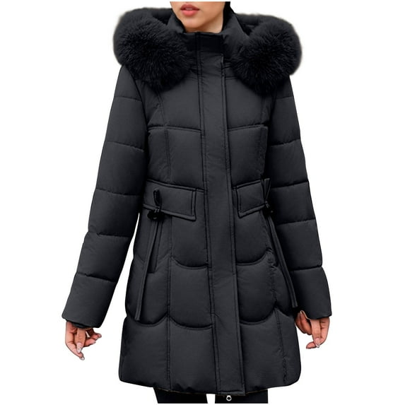 Brnmxoke Long Puffer Coat Women Hooded Winter Thick Faux-Fur-Trim Thermal Bubble Jackets Plus Size Long Sleeve Outerwear Parka Coats with Pockets Black,L