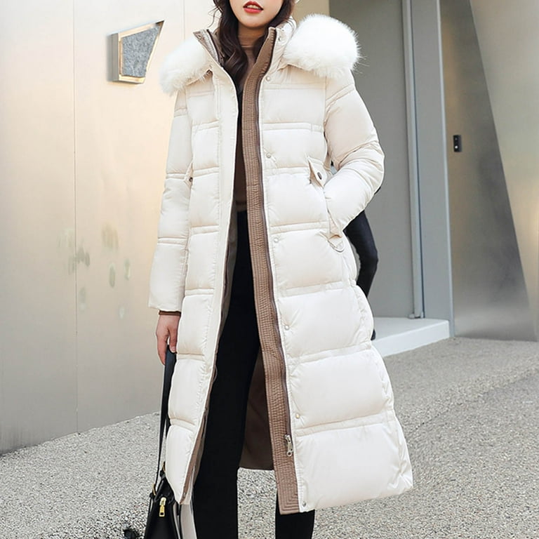 Brnmxoke Long Puffer Coat for Women Women s Winter Over Knee Removable Hooded Maxi Long Puffer Down Coat with Faux Fur Collar