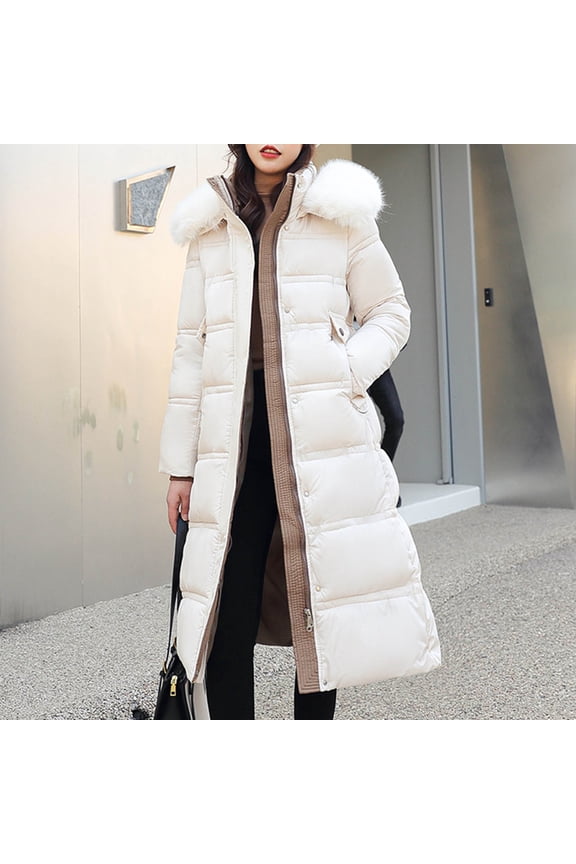 Long Puffer Coat for Women,Women's Winter Over Knee Removable Hooded Maxi Long Puffer Down Coat with Faux Fur Collar