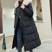 Brnmxoke Long Puffer Coat for Women,Womens Winter Over Knee Removable Hooded Maxi Long Puffer Down Coat with Faux Fur Collar