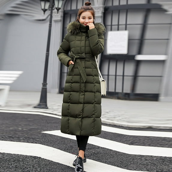 Brnmxoke Long Puffer Jacket for Women,Women's Waterproof Long Winter Coat Thickened Down Warm Snow Jacket Hooded Parka with Fur Removable Hood Green,XL