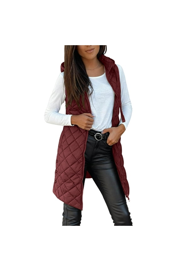 Long Puffer Vest Women Lightweight Quilted Zip Up Hooded Vests Solid Casual Padded Winter Outerwear Down Jackets Wine,L