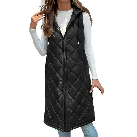 Brnmxoke Long Puffer Vest Women Sleeveless Quilted Hooded Full Zip Vests Winter Lightweight Warm Outwear Down Jacket with Pockets Black,XXL