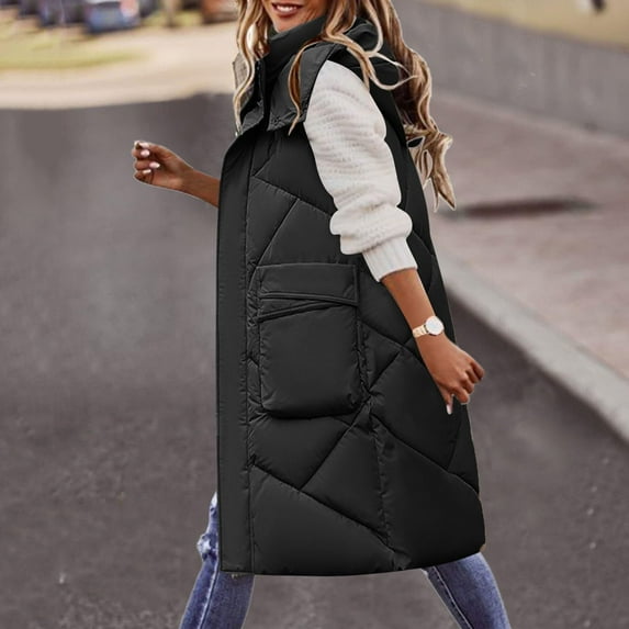 Brnmxoke Long Vest for Women Sleeveless Lightweight Puffer,Women's Long Puffer Vest Jacket Sleveless Hoodies Full Zipper Sleeveless Down Coats Thickened Warm Windbreakers