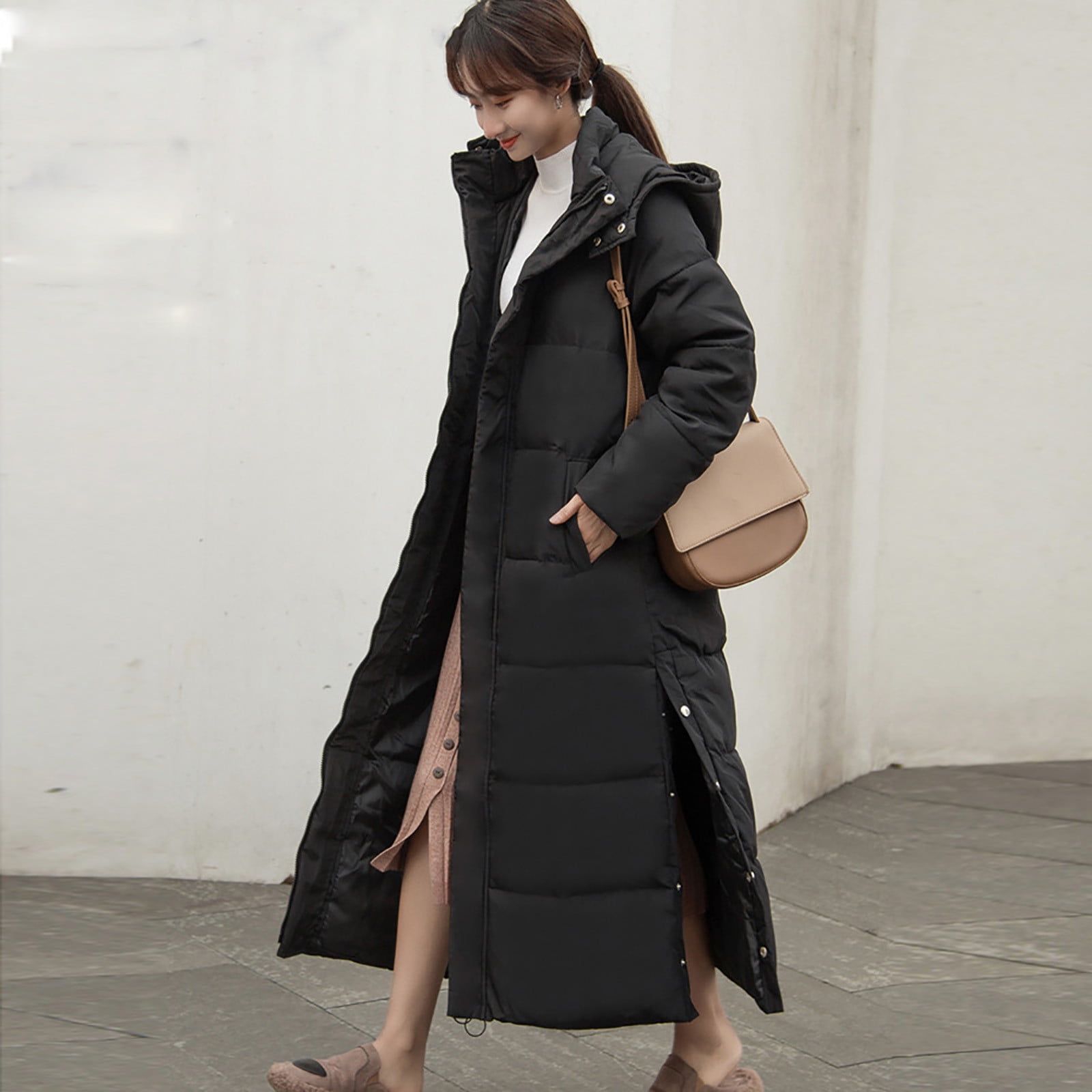 Women's High Neck Hooded Long Quilted Puffer Coat - Warm Winter Jacket