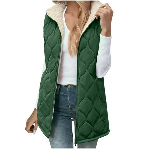 Brnmxoke Longer Puffer Vest Women Zip Up Sleeveless Reversible Fleece Vests Hooded Pockets Warm Winter Outwear Down Jackets Army Green,L