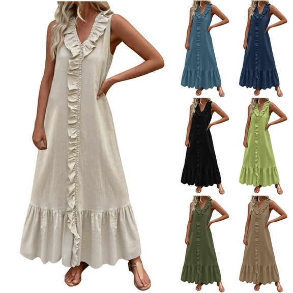 Brnmxoke Maxi Dress for Women 2025 Summer Ruffled Sleeveless V Neck Beach Sundress Casual A-Line Flowy Cotton Linen Dresses Green,M