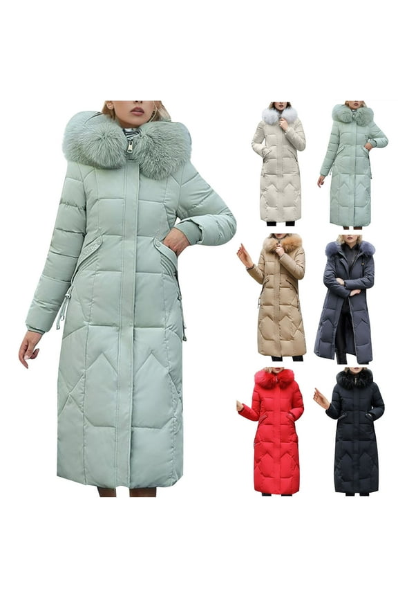 Maxi Long Puffer Jacket for Women,Women's Waterproof Long Winter Faux Fur Coat Thickened Down Alternative Warm Jacket Hooded Parka Black,XXXXL