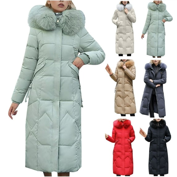 Brnmxoke Maxi Long Puffer Jacket for Women,Women's Waterproof Long Winter Faux Fur Coat Thickened Down Alternative Warm Jacket Hooded Parka Green,XL