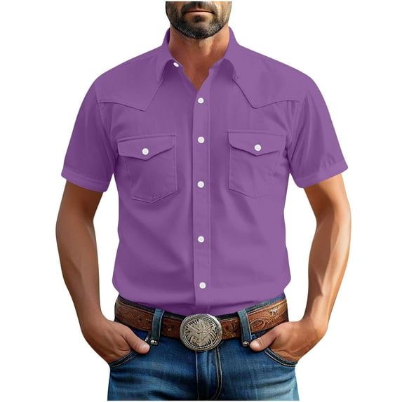 Brnmxoke Men Casual Linen Shirts 2025 Western Button Short Sleeve Shirts with Two Pockets Cotton Linen Classic Work Collared Tops Purple,XXXL