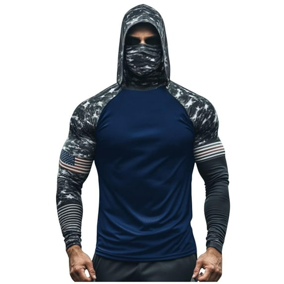 Brnmxoke Men Sun Protection Hoodie Sun Protection Fishing Shirts UPF 50+ Long Sleeve Hoodie with Face Mask UV Rash Guard Quick Dry Hiking Shirt Navy,L