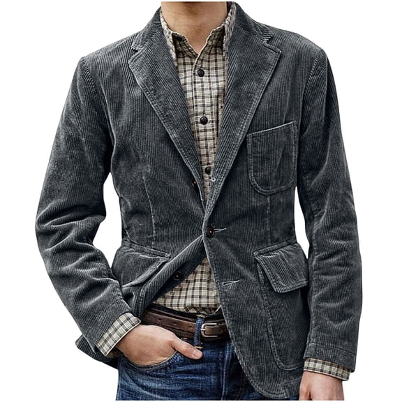 Brnmxoke Men Vintage Corduroy Suit Jacket Business Work Slim Fit Single Breasted Blazers Coat Casual Notch Lapel Formal Blazer Gray,M