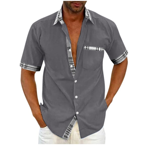 Brnmxoke Men's Casual Button-Down Shirts Summer Casual Short Sleeve Shirt Collar Stripe Contrast Fashion Button Shirt Work Shirts Dark Gray,M