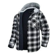 Brnmxoke Men's Cotton Plaid Shirts Jacket,Mens Fleece Lined Flannel Shirts Hoodie Jacket Casual Sherpa Button Down Quilted Jackets Winter Warm Outdoor Coat,Black