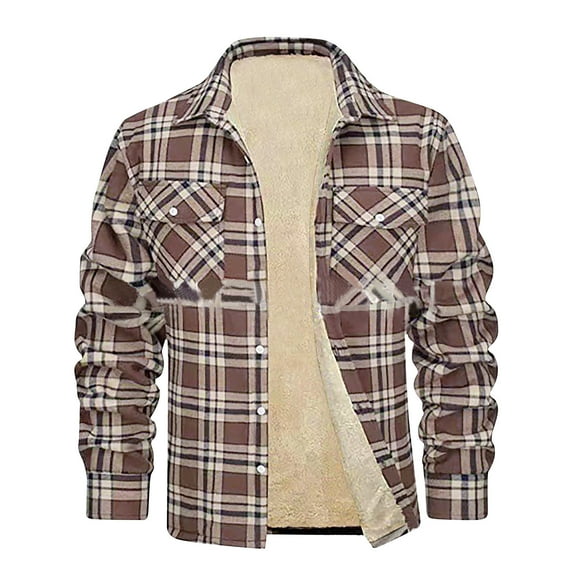 Brnmxoke Men's Fleece Jacket Sherpa Lined Warm Button Down Plaid Shirts Winter Jacket for Men Big and Tall Outerwear Khaki,XXXL