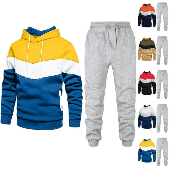 Brnmxoke Men's Jogging Tracksuit 2 Piece Athletic Outfit Hoodie Sports Sweatsuit Long Sleeve Color Block Pullover Suit Sets Khaki,L