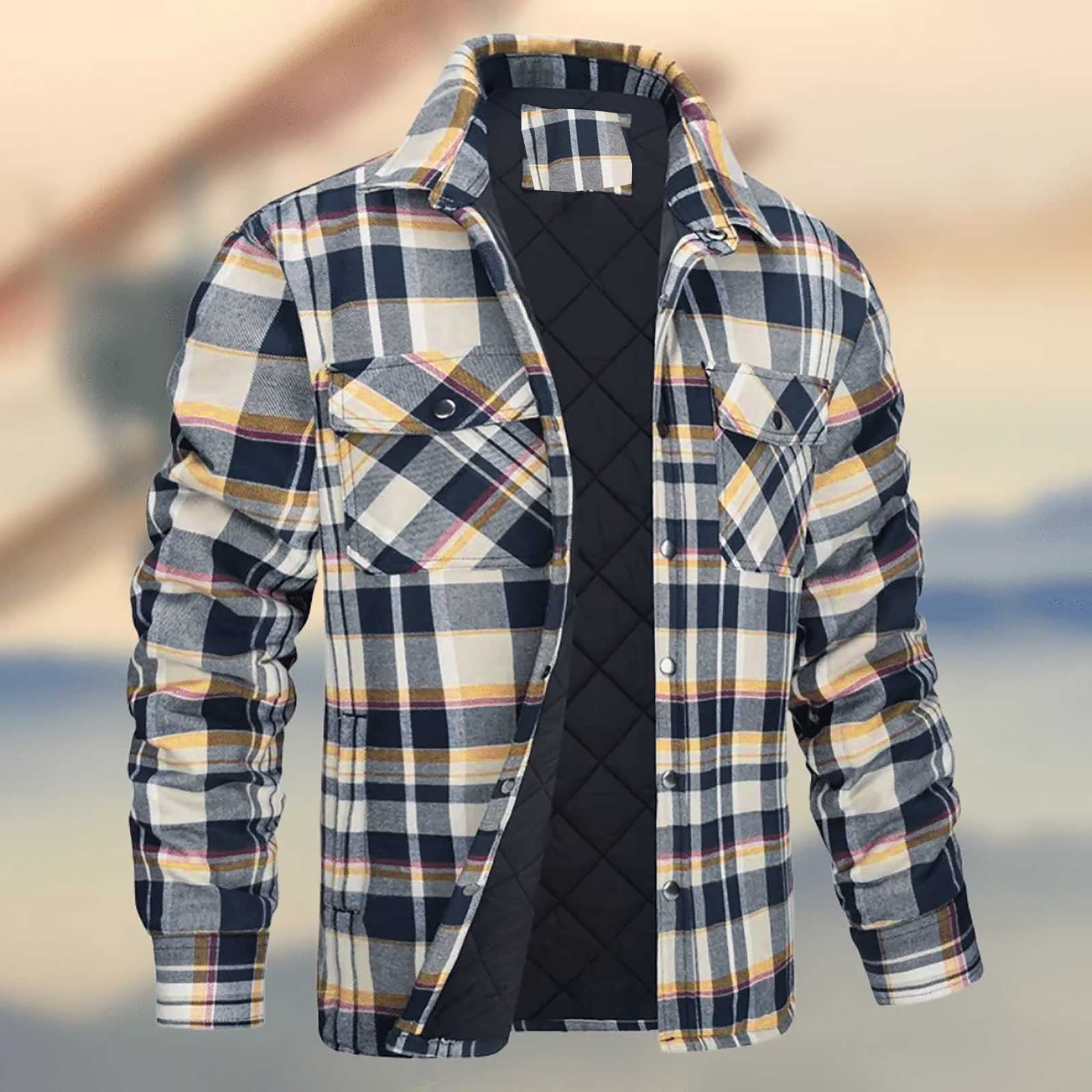 Brnmxoke Men's Lined Hooded Flannel Shirt Jacket with Pockets Plus Size  Quilted Plaid Coat Button Down Plaid Button Up Winter Thermal Warm Jackets  