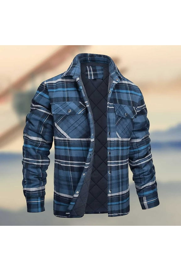 Men's Lined Hooded Flannel Shirt Jacket with Pockets Plus Size Quilted Plaid Coat Button Down Plaid Button Up Winter Thermal Warm Jackets