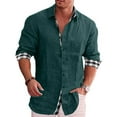 thumbnail image 1 of Brnmxoke Men's Linen Long Sleeve Button Down Plaid Collar Shirt Casual Cuban Summer Beach Shirts Vacation Big and Tall Mens Shirts Tops Business Dress Shirt, 1 of 7