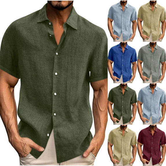 Brnmxoke Men's Linen Shirts Short Sleeve Casual Shirts Big and Tall Button Down Shirt for Men Beach Summer Wedding T Shirt Army Green,L