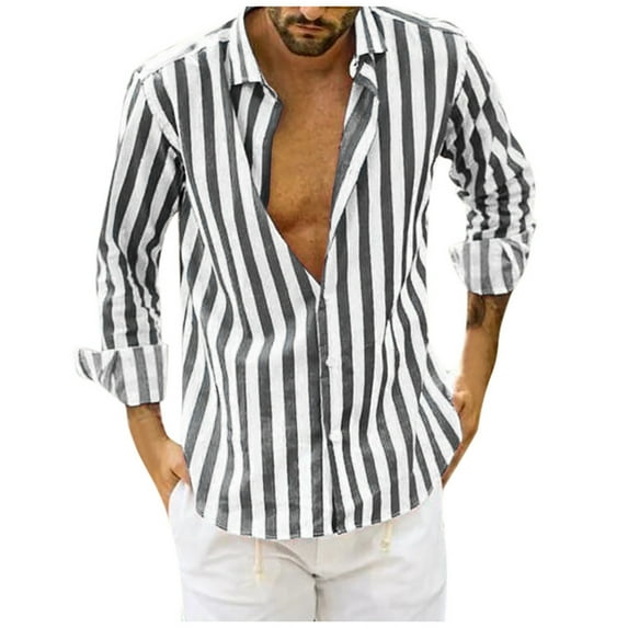 Brnmxoke Men's Long Sleeve Button Down Shirts Casual Striped Collared Fall Beach Tshirt Fashion 2025 Cotton Work Office Clothes Gray,XXXXXL