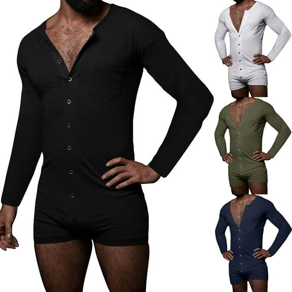 Brnmxoke Men's Long Sleeve Short Jumpsuit Pajama One Piece Button Down Henley Sleepshirt Rompers Stretchy Lounge Onesie Pajamas Blue,XXXL