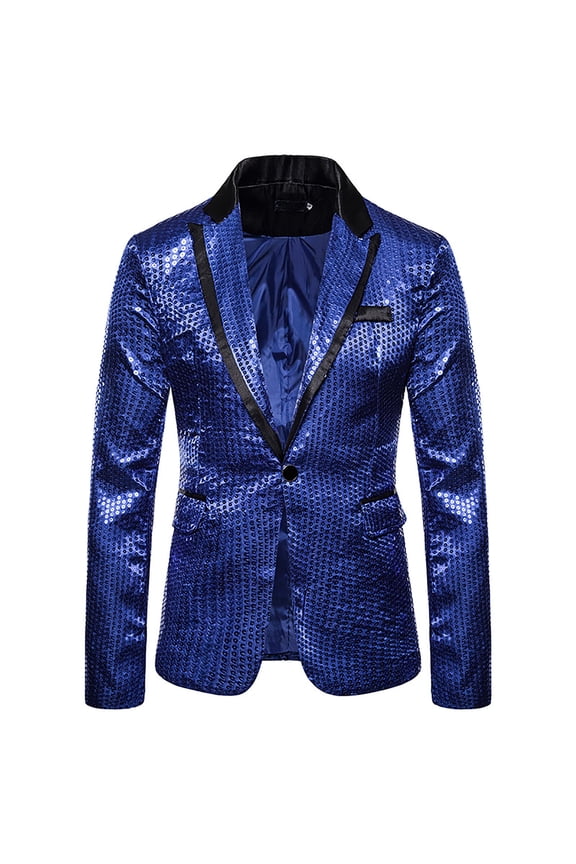 Men's One Button Sequin Blazer Fashion Shiny Tuxedo Jackets Slim Fit Lapel Suit, Sport Coat for Wedding Party Prom Banquet Blue,S