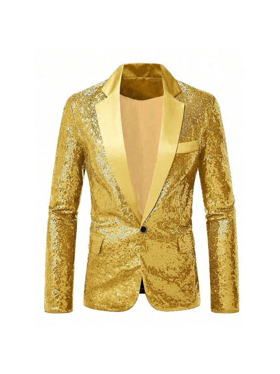 Men's One Button Shiny Sequin Blazers Fashion Dress Suit Jacket Festival Tuxedo Sport Coat for Wedding Party Prom Gold,XL
