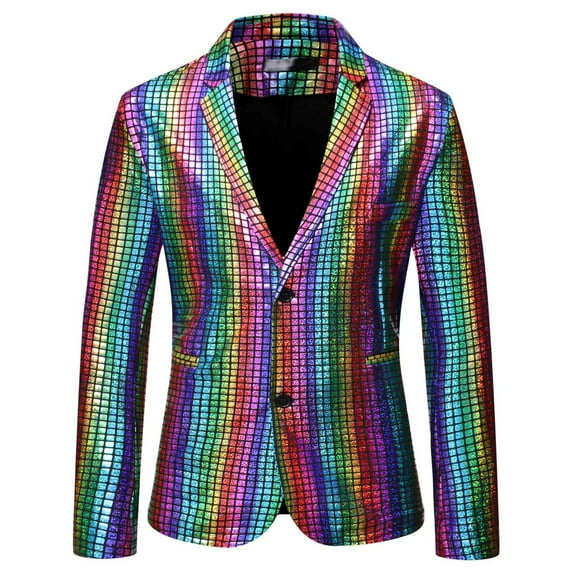Brnmxoke Men's Plaid Shiny Metallic Blazer Jacket Two Button Slim Fit Casual Sport Coats Wedding Banquet Prom Suit Jacket Multicolor,XL