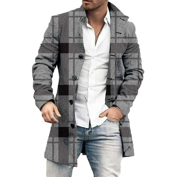 Brnmxoke Men's Plaid Trench Coat 2023 Stand Collar Windproof Pea Coat Button Down Single-Breasted Heavyweight Wool Blend Peacoat