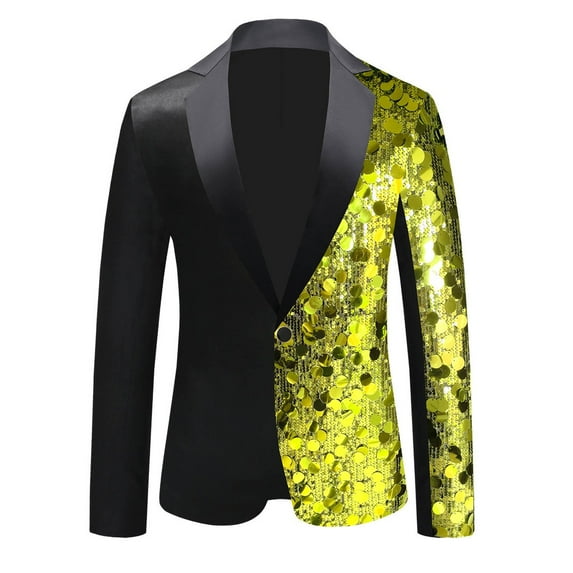 Brnmxoke Men's Sequins Suit Jacket Slim Fit Shawl Lapel Blazer Sport Coats 1 Button Tuxedo Jackets for Prom Party Dinner Yellow,XXL