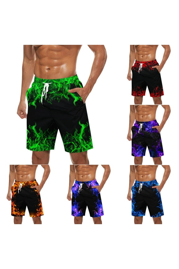 Men's Swim Trunks Long,Mens 5" Flames Printed Swim Trunks with Pockets Big and Tall Swim Shorts Stretch Breathable Quick Dry Mens Beach Shorts Orange,M